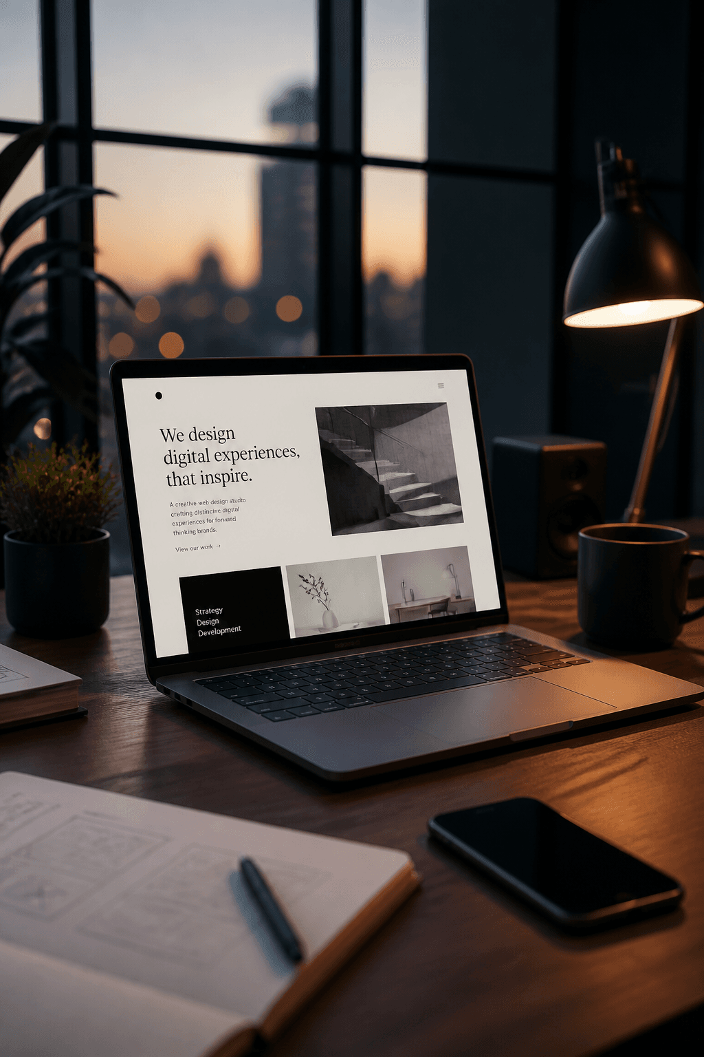 Modern creative workspace with a website mockup on a laptop